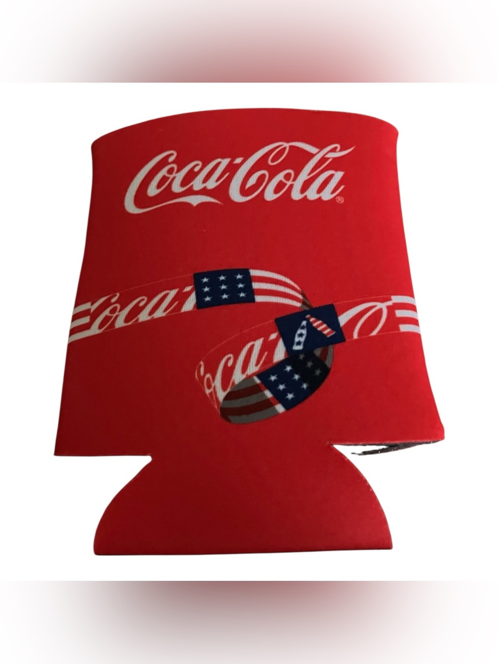 Coca-Cola NWOT- Red Can Cooler with White Logo and Navy Flag Accent